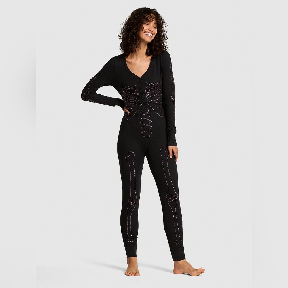 Victoria's Secret PINK Thermal Sleep Onesie Halloween Black Rhinestone Small S